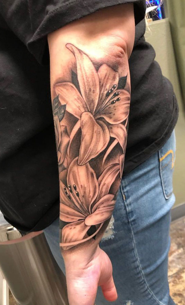 Black and Gray, Realism, Flower tattoo by Yuba One