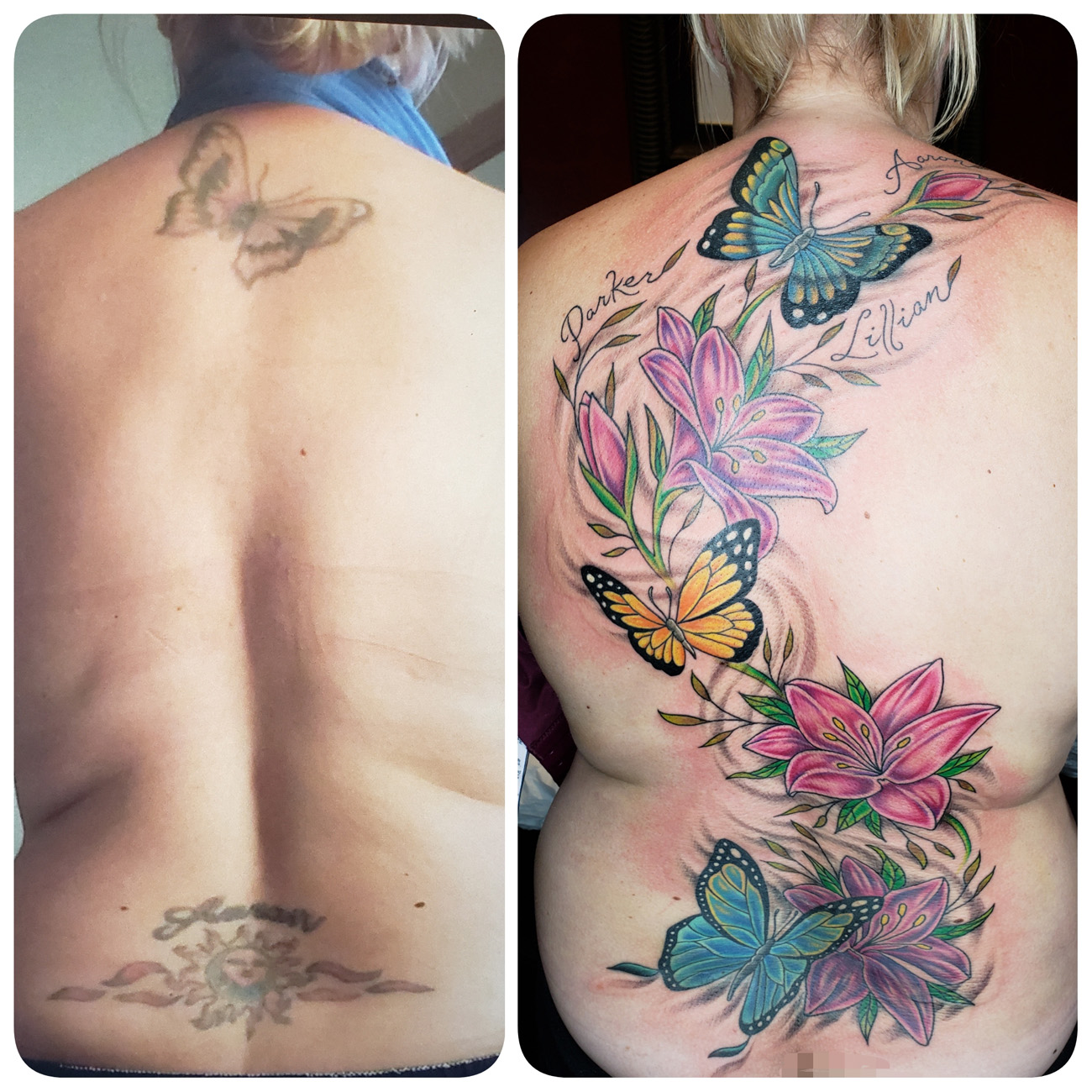 CoverUp, Color, Flower, Lettering and Script, Animal tattoo by Lacey  McClellan | H&H Las Vegas tattoo artist