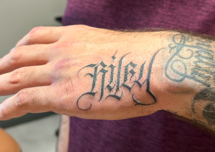 Bold lettering male hand tattoos Fate and Will by Tami Rose. | Hand tattoos  for guys, Hand tattoos, Male hands